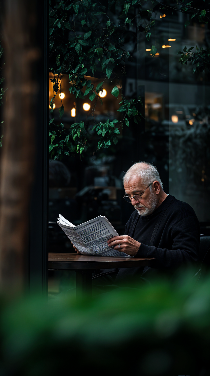 A reader appears skeptical while consuming online news, highlighting the erosion of trust when affiliate motives are unclear.