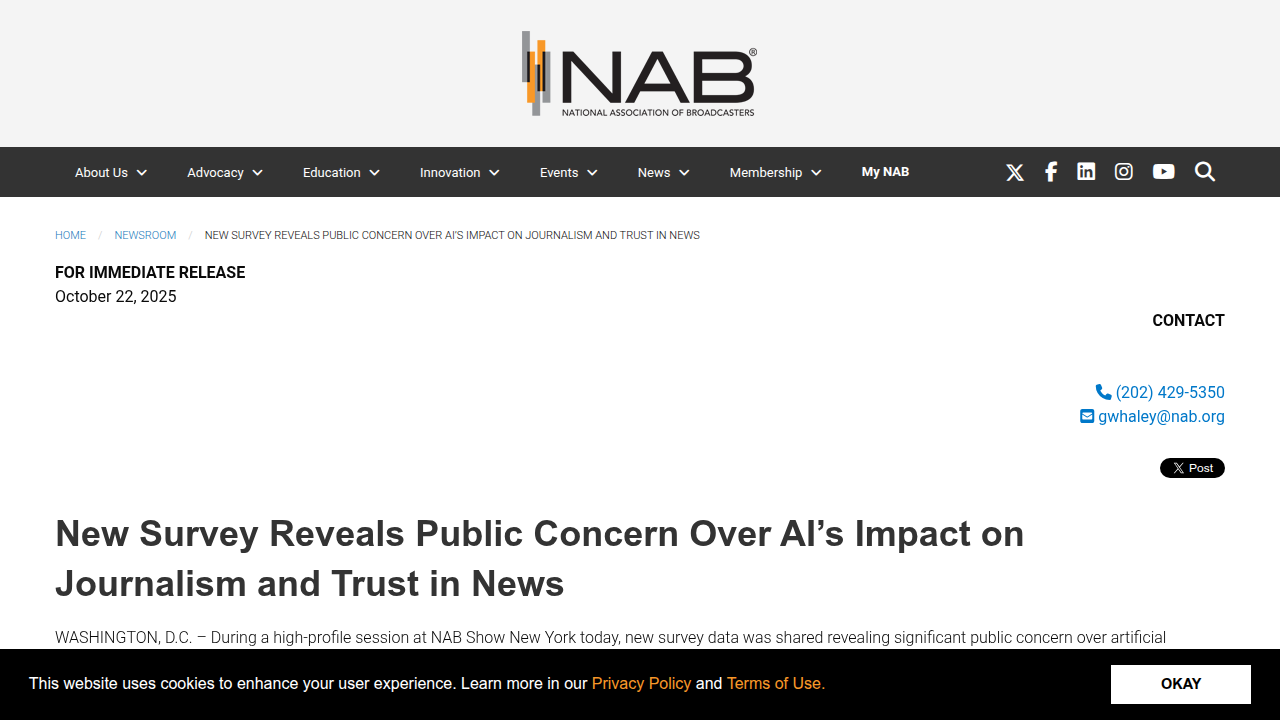 A screenshot of the National Association of Broadcasters (NAB) newsroom, highlighting their survey findings on public trust in AI-generated information.