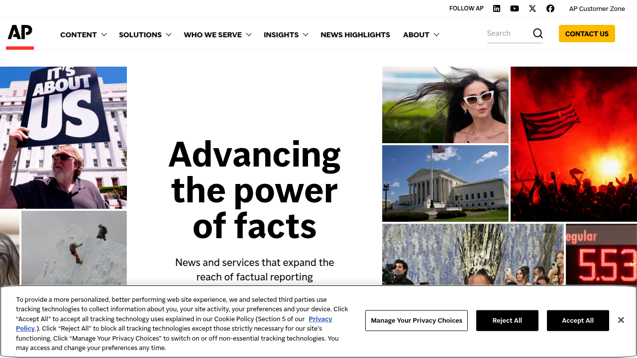 A screenshot of the Associated Press (AP) website, referencing their survey on AI's impact on newsroom workflows and structure.
