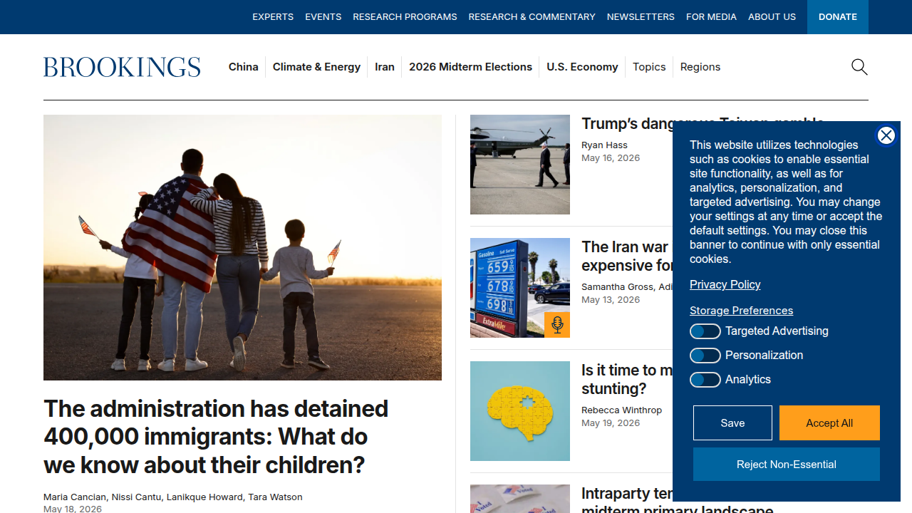 A screenshot of the Brookings Institution website, referencing their article on journalism's need for better representation to counter AI's ethical problems.