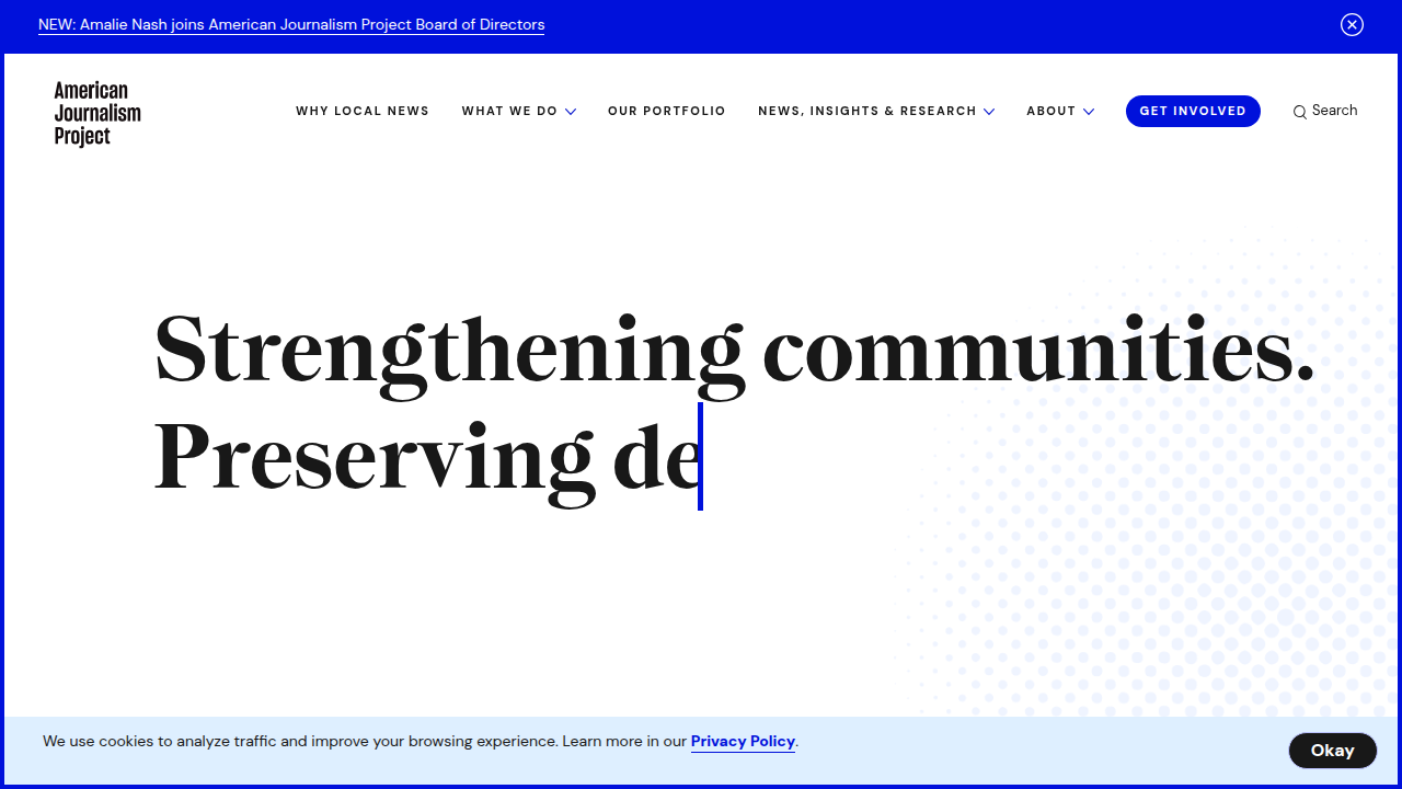 A screenshot of the American Journalism Project website, showcasing their insights on developing an AI usage policy for news organizations.