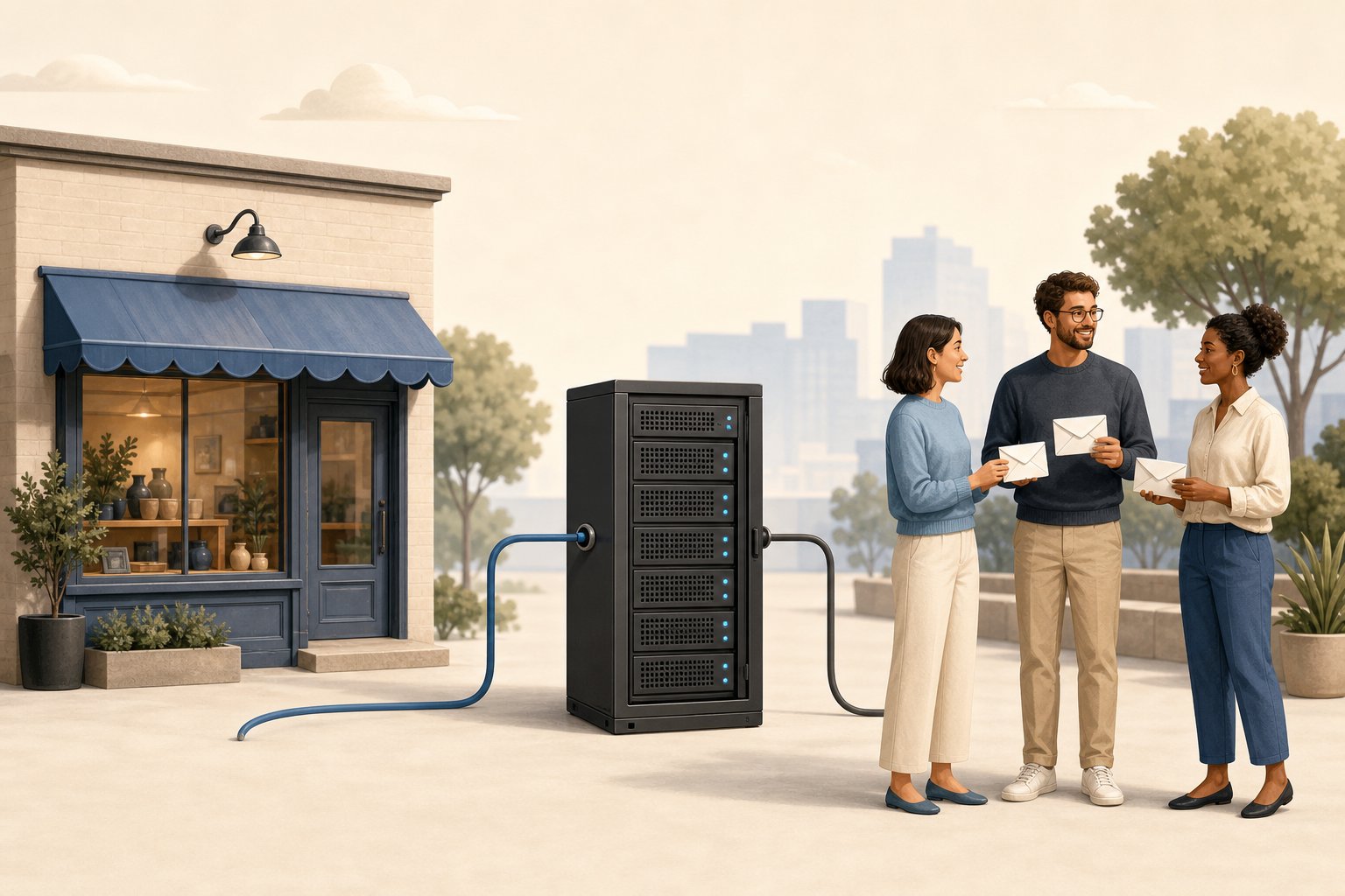 An illustration distinguishes website hosting for a small business storefront from business email for a team.