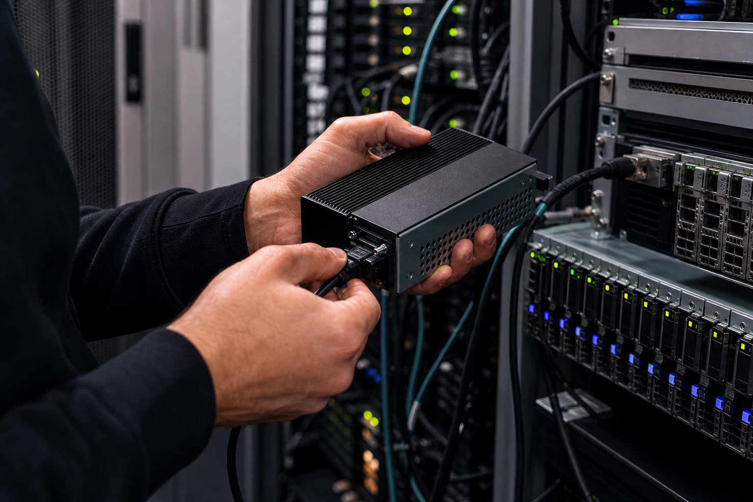 A technician checks backup storage equipment connected to a server.