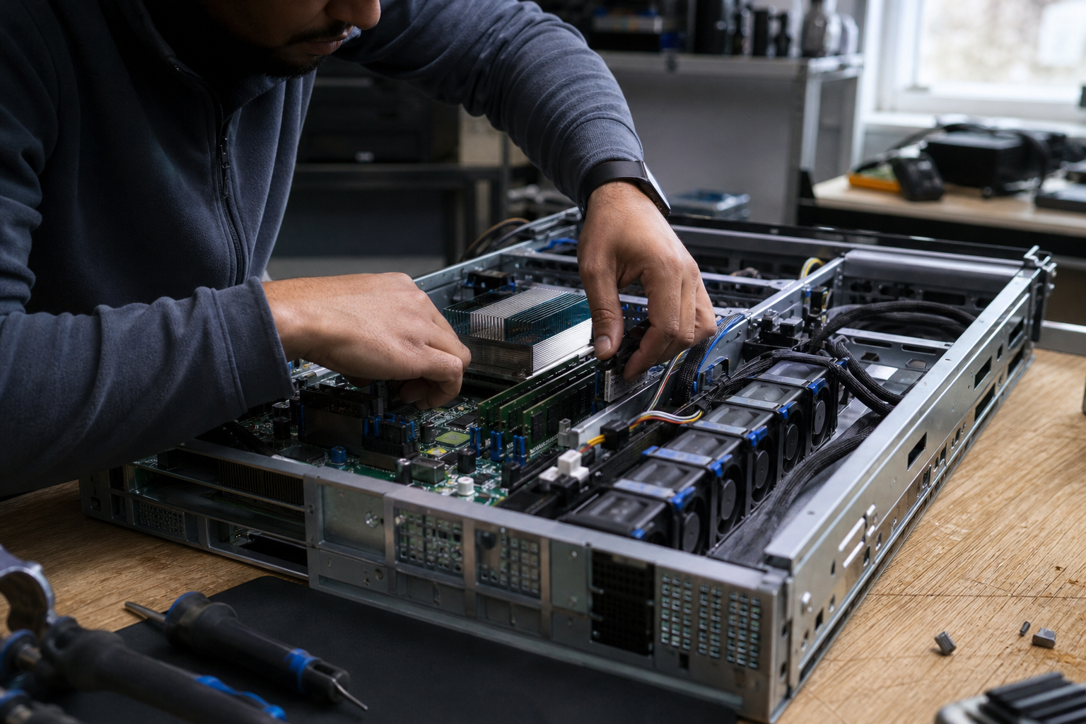 An infrastructure specialist inspecting components inside a server chassis.