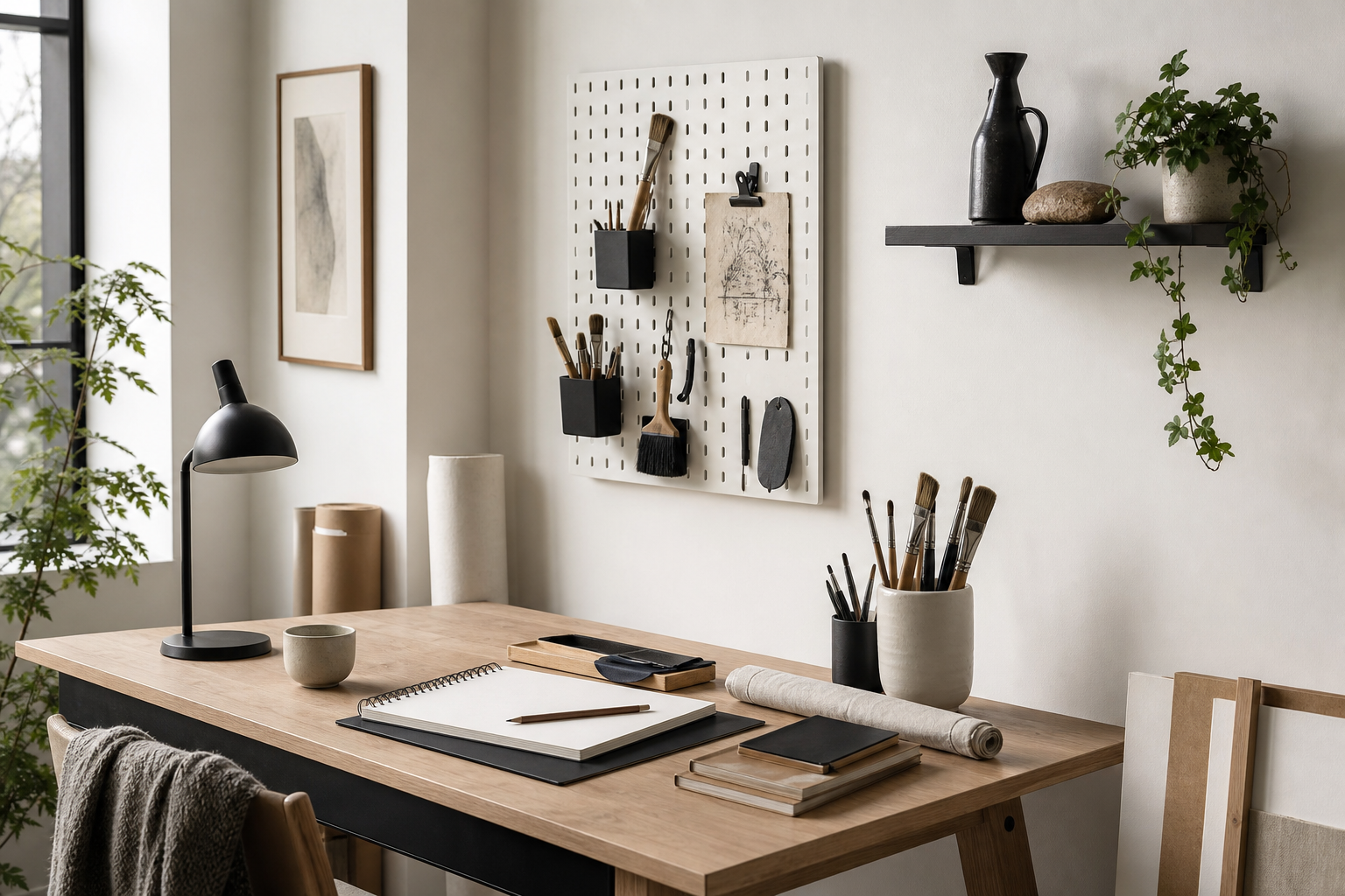 A studio pegboard holding small tools beside a separate wall shelf.