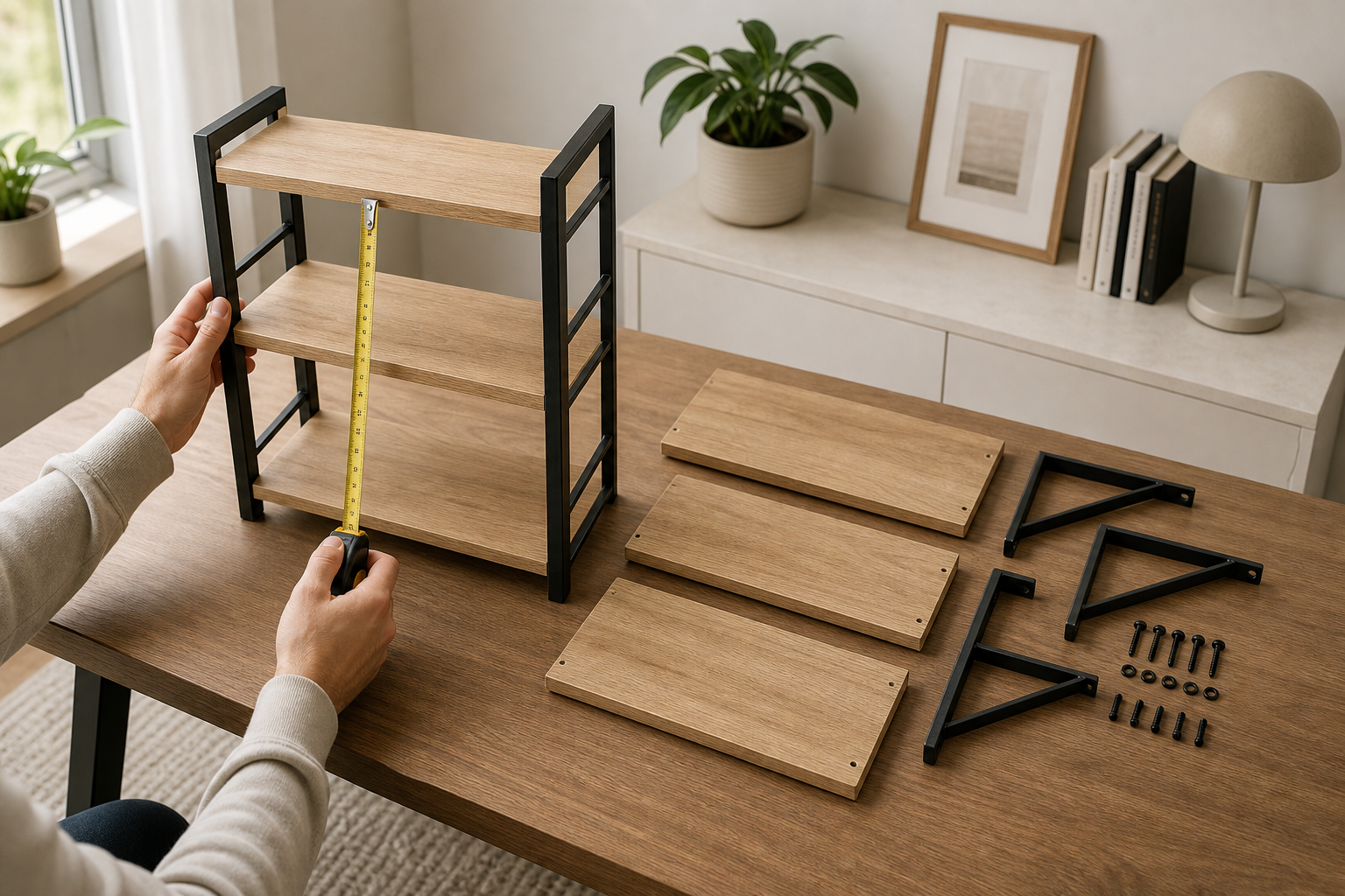 Hands measure a shelf organizer beside its separate shelves and brackets.