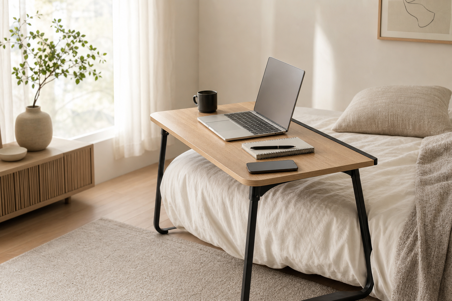 A folding-leg table positioned over a bed with a laptop and small items on its surface.