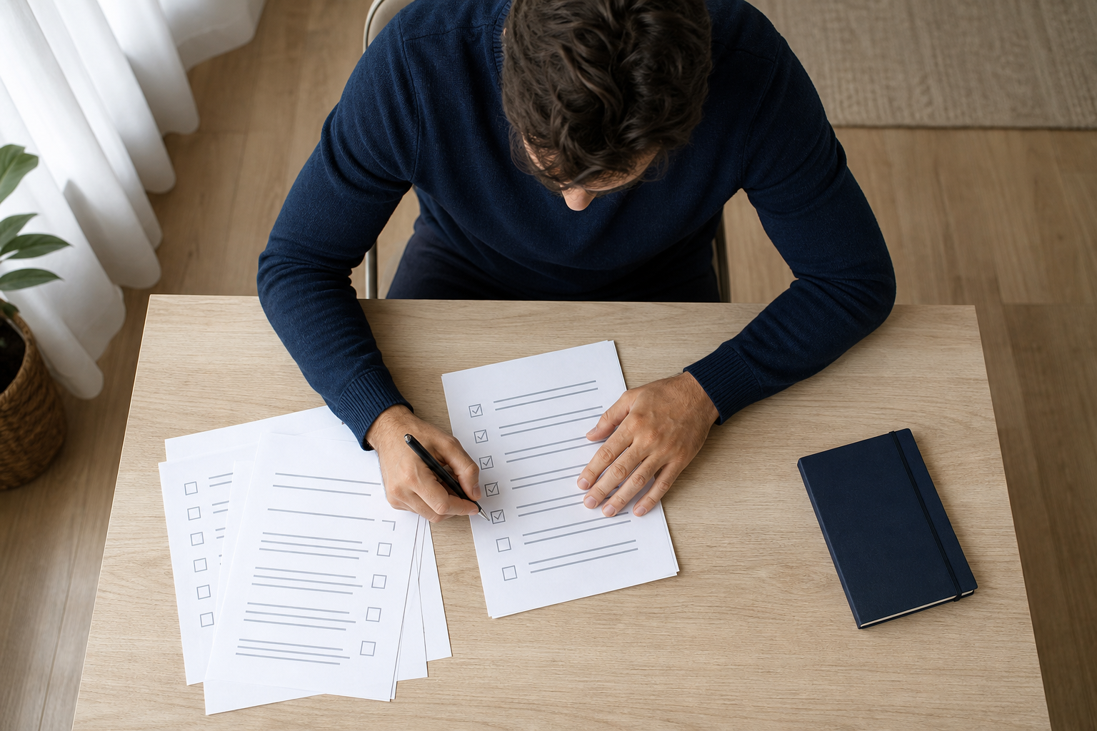 An entrepreneur marks checkboxes while reviewing printed hosting service documents.