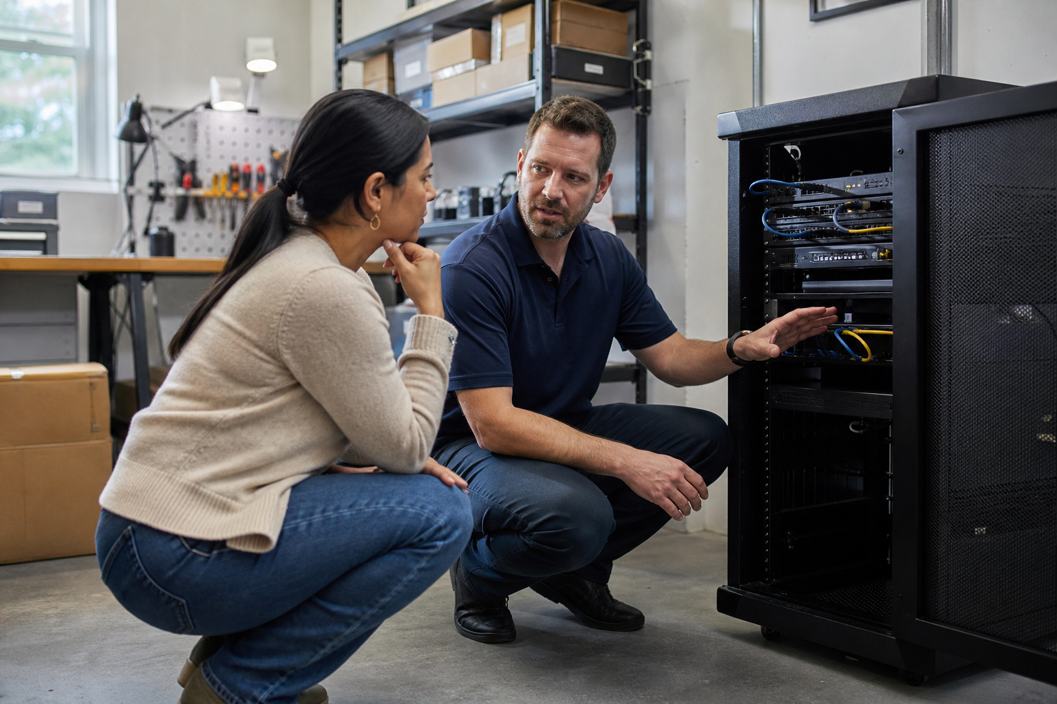 A small-business owner discusses hosting equipment with a technical support professional.