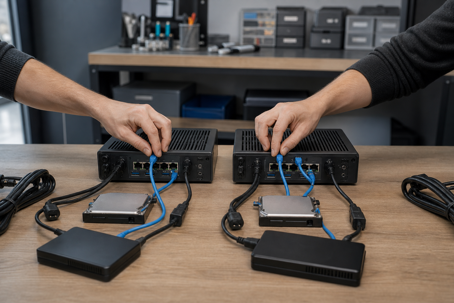 A specialist prepares two matching server setups for a controlled comparison.