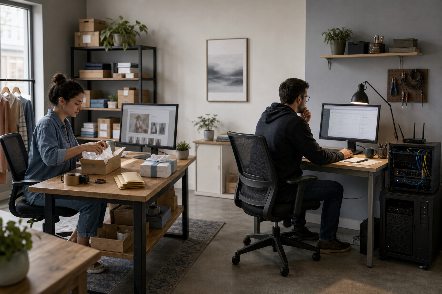 Two small-business workspaces show an integrated storefront setup and a self-managed store beside separate server equipment.