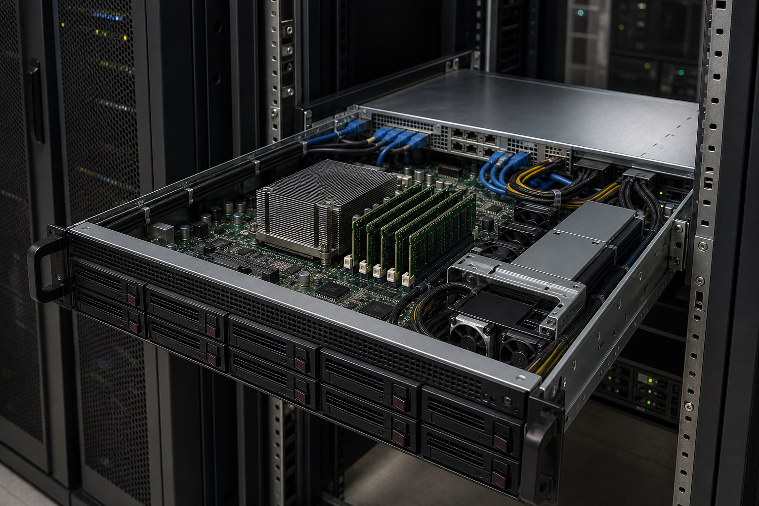 A technical illustration showing processor, memory, storage, and network components inside a server.