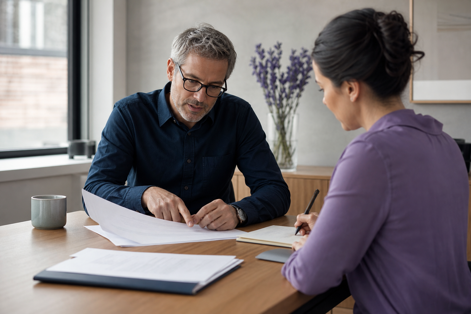 A business owner and hosting consultant review provider documents together.