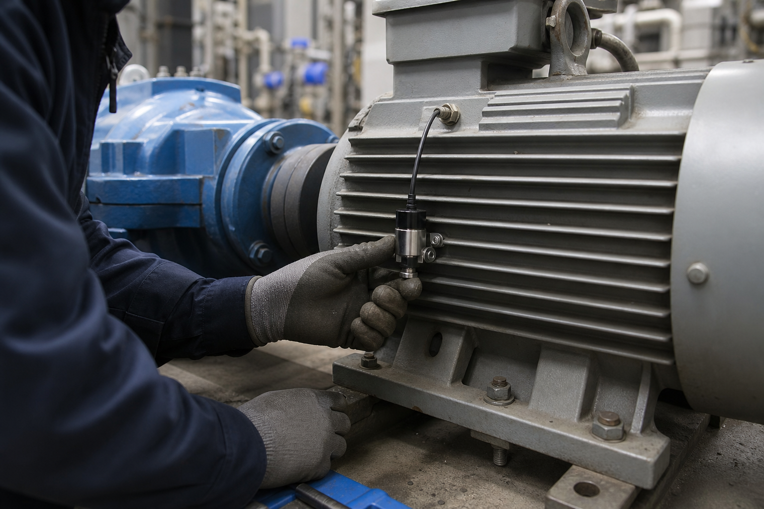 A maintenance technician checks a sensor attached to industrial equipment.