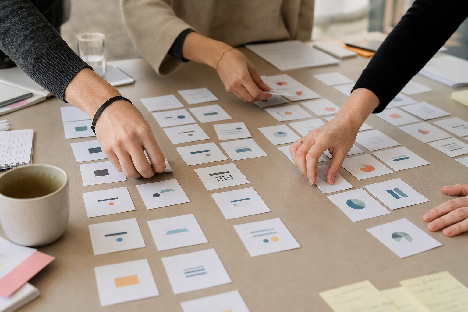 Workshop participants sort content cards into groups on a table.