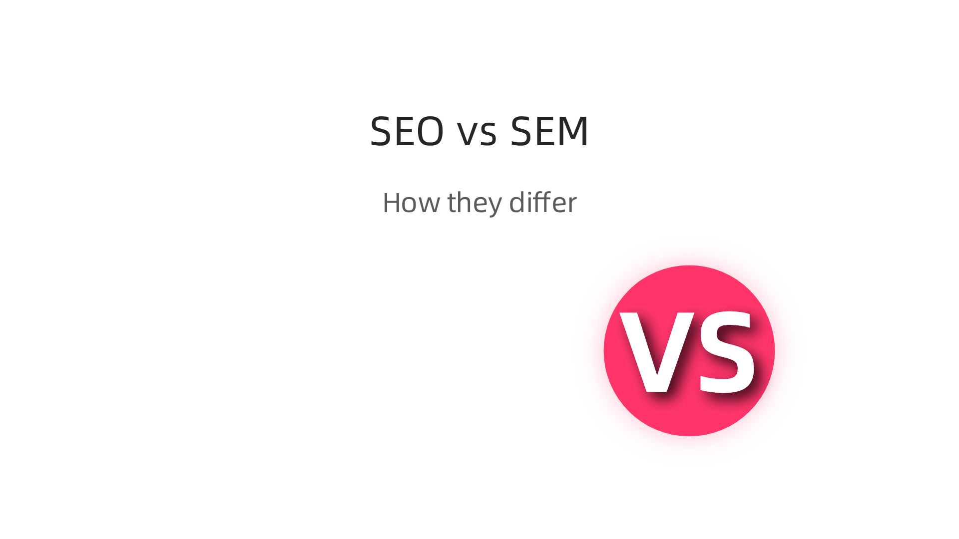 An infographic comparing key differences between SEO and SEM, including time to results, costs, and predictability.