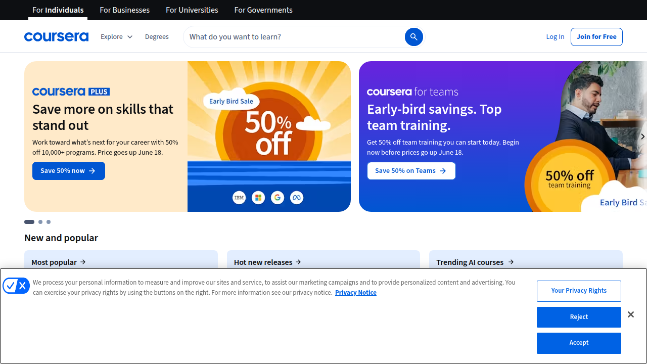 Screenshot of the Coursera homepage, an online learning platform offering courses on digital marketing and SEM.