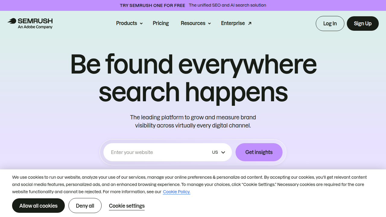 Semrush's homepage, representing a leading platform for SEO, content marketing, and competitor analysis.