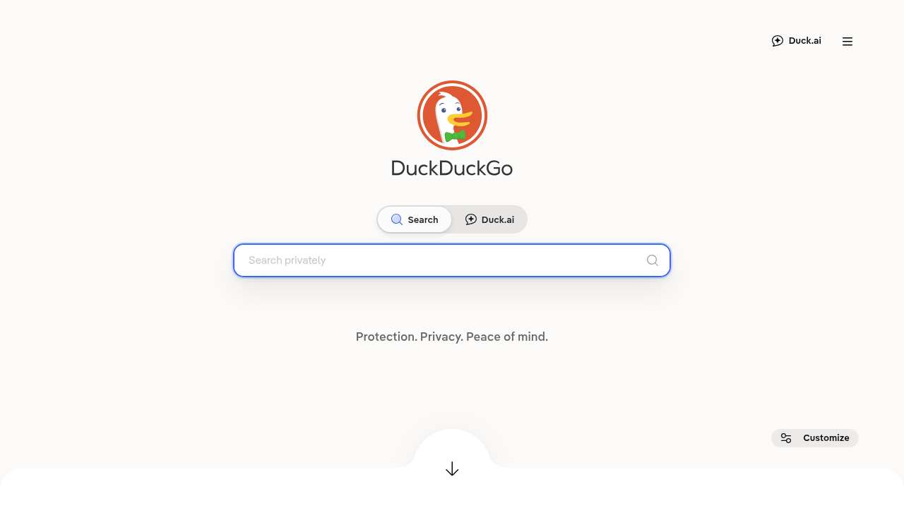 A screenshot of DuckDuckGo's clean, privacy-focused search interface, highlighting its commitment to user data protection.