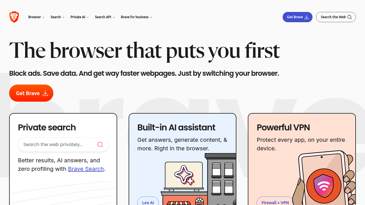 The Brave browser and search engine homepage, emphasizing its ad-blocking and privacy features.