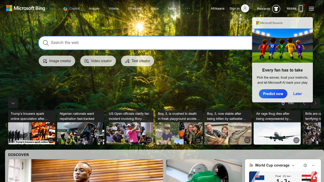 A snapshot of the Bing search engine homepage, showcasing its familiar interface and integration with Microsoft services.