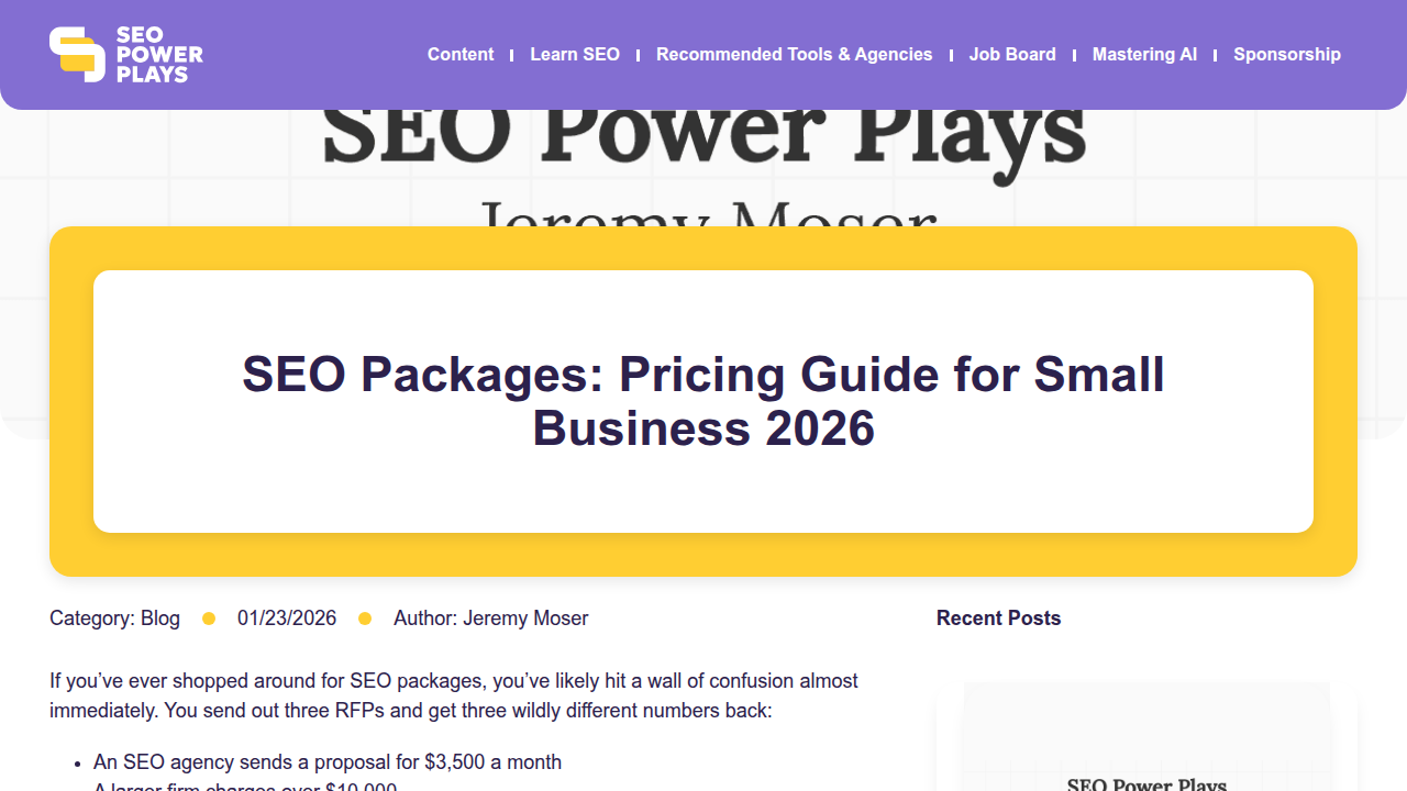 Screenshot of SEO Power Plays' guide on SEO packages and pricing tiers tailored for small businesses.