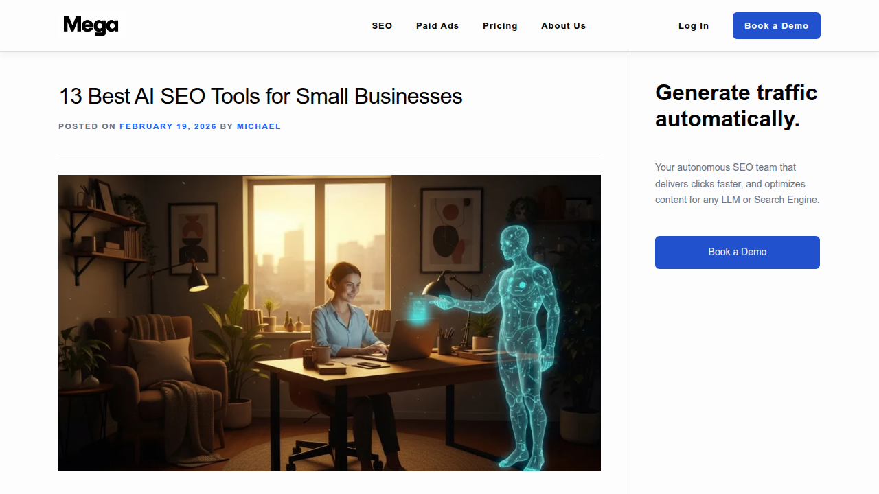Screenshot of the Gomega.ai blog, featuring a guide on the best AI SEO tools for small businesses.