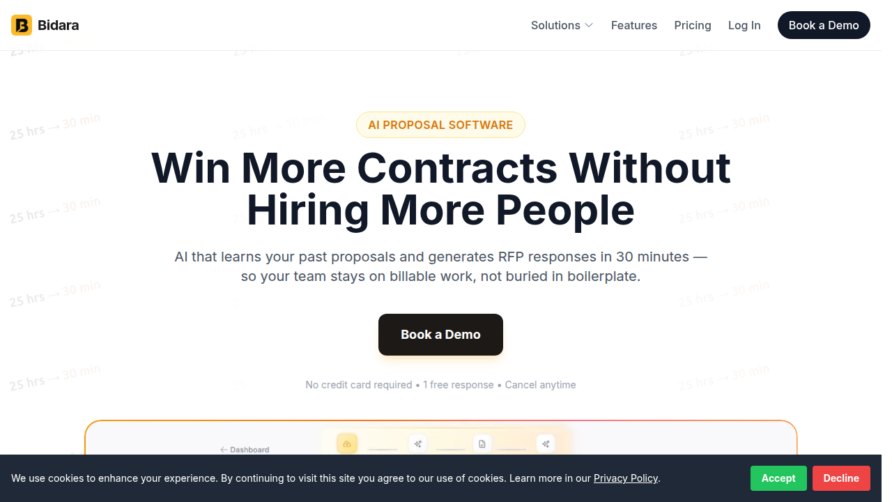 Screenshot of the Bidara AI homepage, a company focused on RFP and proposal management.