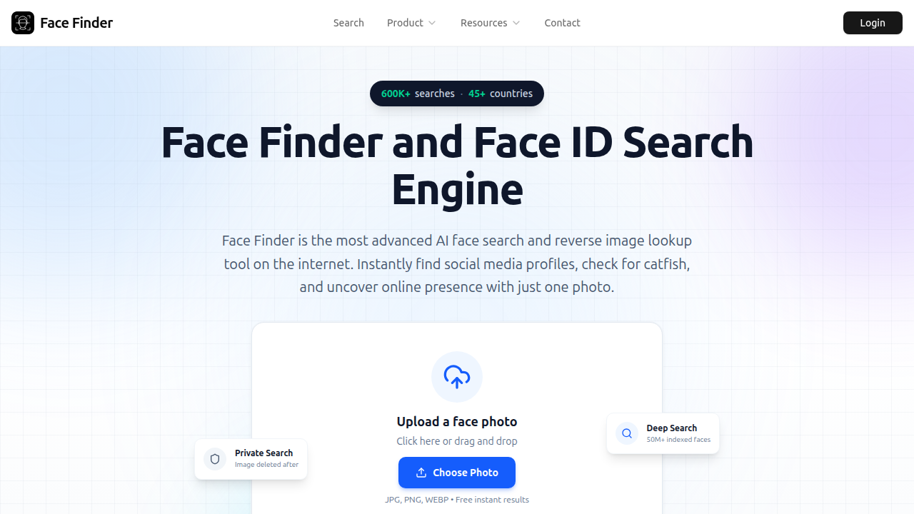 Screenshot of the Face Finder homepage, highlighting its pay-per-search model and accuracy for face searches.