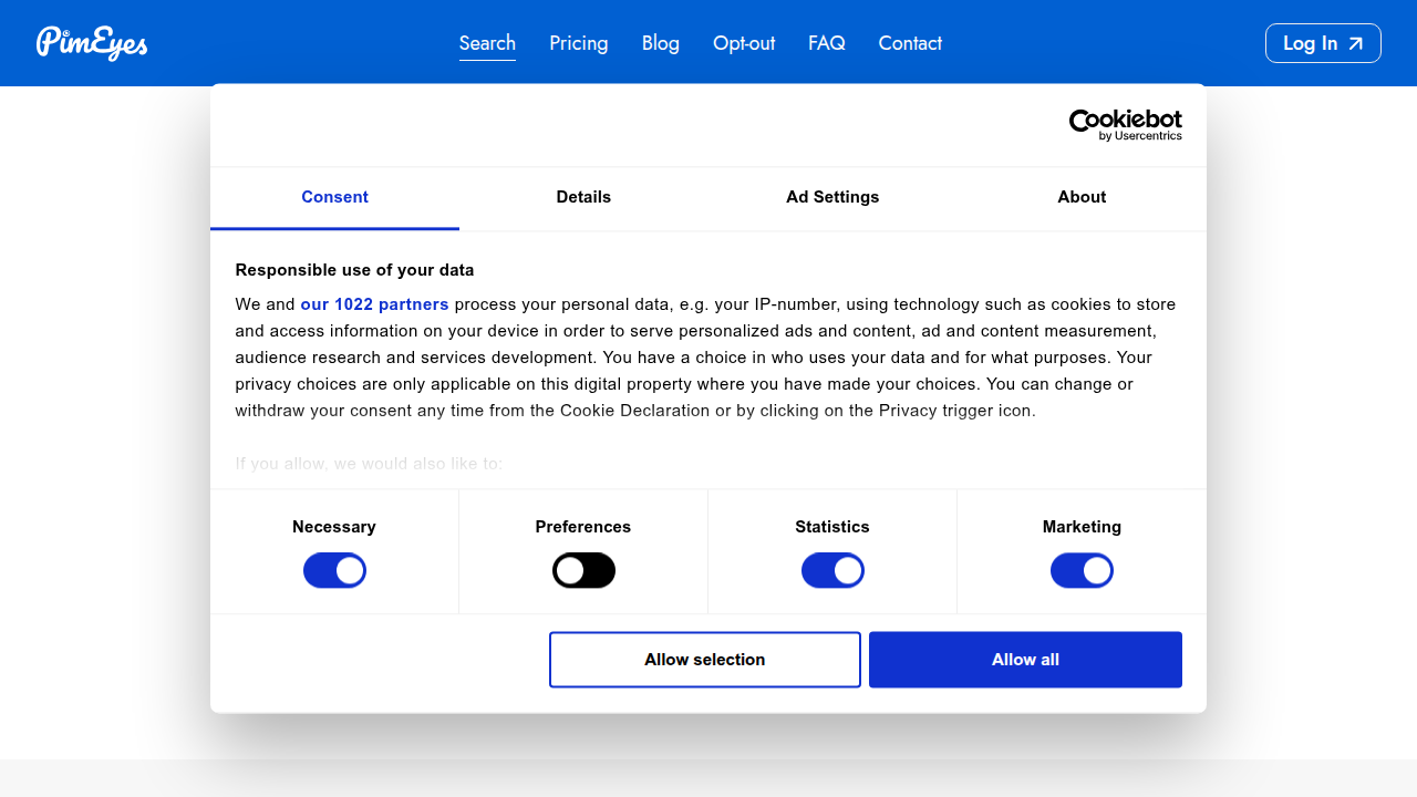 Screenshot of the PimEyes homepage, known for its extensive database coverage for facial recognition.