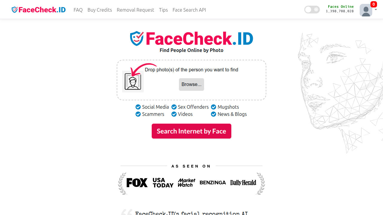 Screenshot of the FaceCheck.ID homepage, specializing in social media and catfish detection via face search.