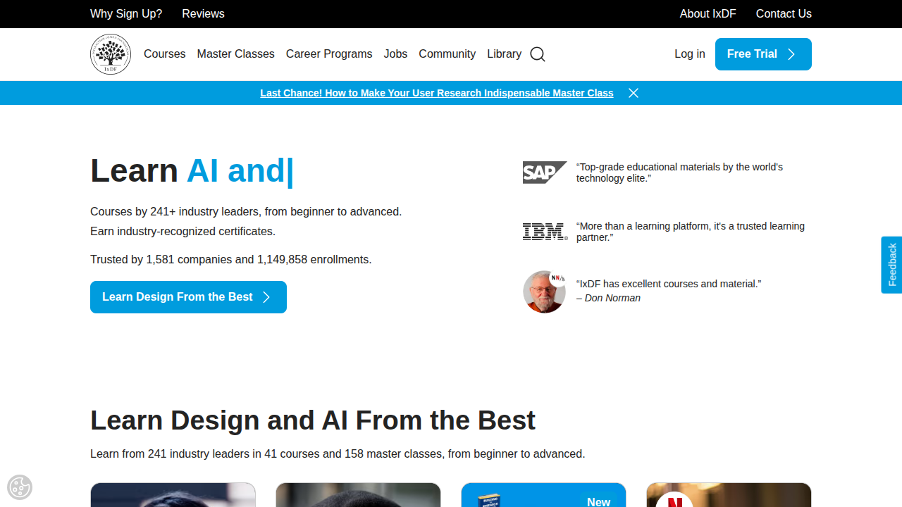 A screenshot of the homepage for the Interaction Design Foundation (IxDF), a leading resource for UX design education and portfolio inspiration.