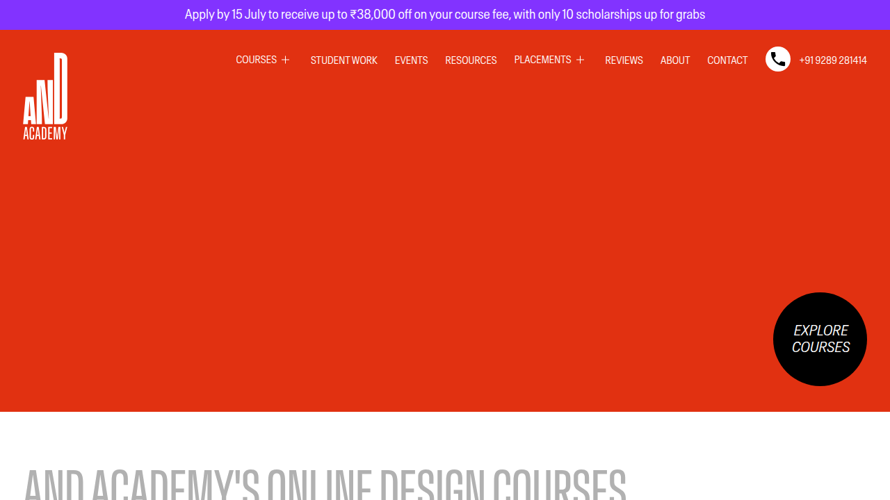 Screenshot of AND Academy's homepage, a design education provider offering UI/UX courses in Hyderabad.