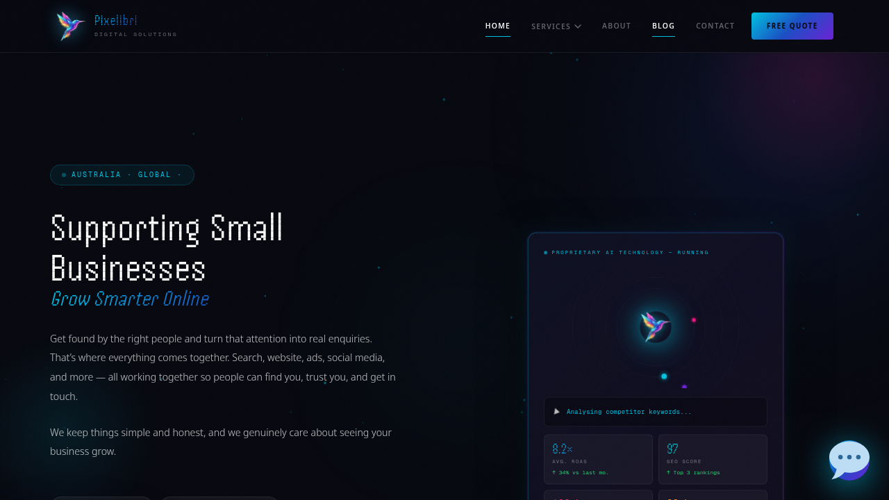 A screenshot of Pixelibri.com.au's homepage, a design agency that emphasizes unique website design.