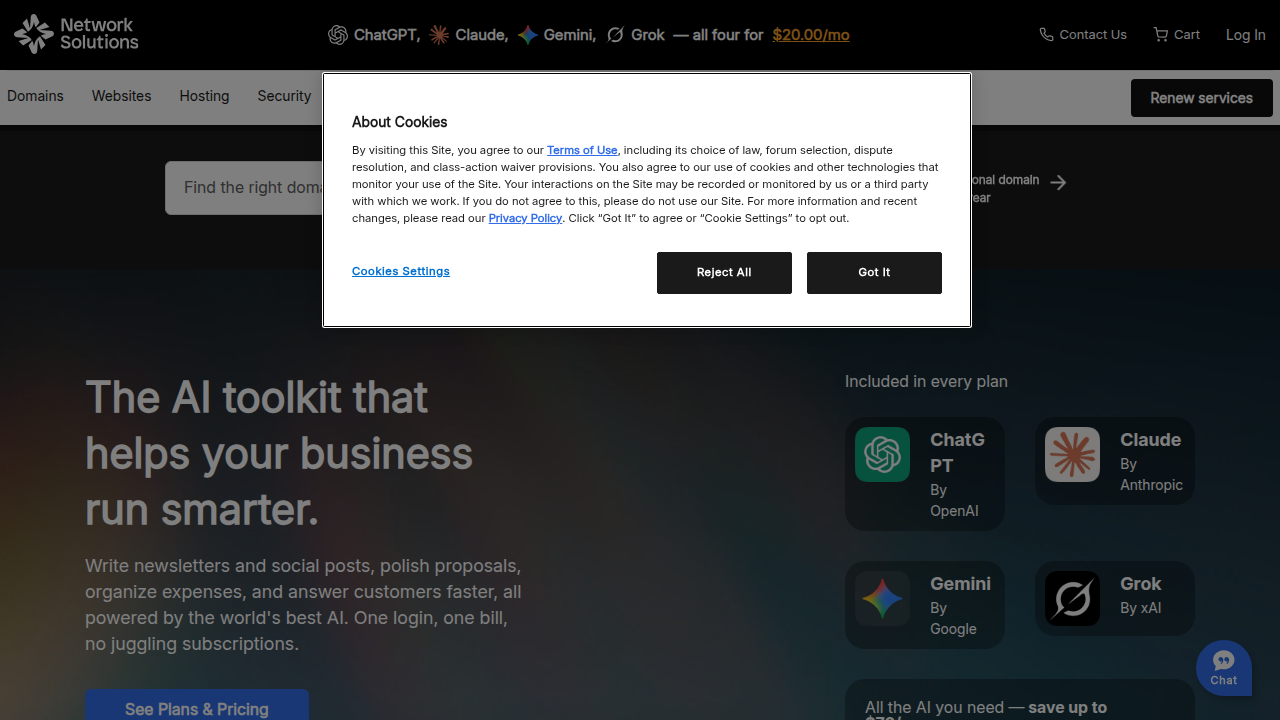 A screenshot of NetworkSolutions.com's homepage, a provider of web solutions and statistics.