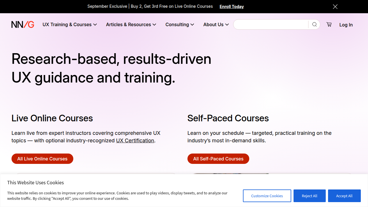 A screenshot of the NN/g (Nielsen Norman Group) website, a leading resource for UX research and insights.