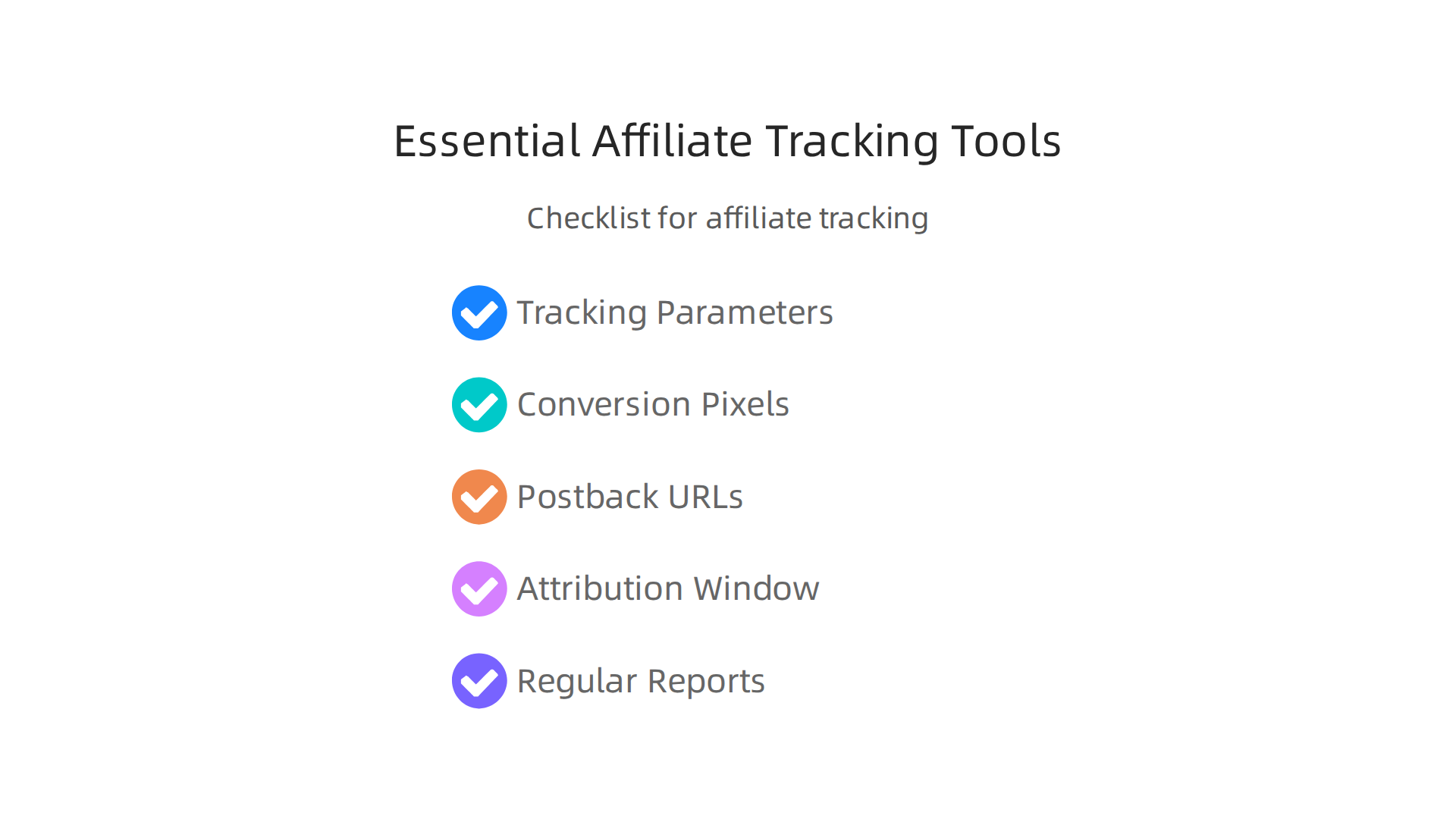 A checklist of key tools like tracking parameters and conversion pixels for effective affiliate program monitoring.