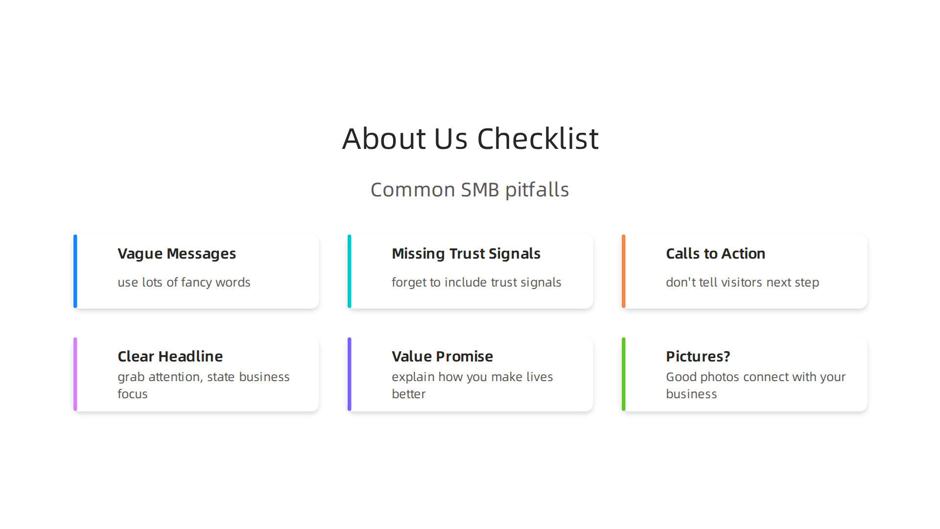 Visualizing common pitfalls SMBs encounter when designing their "About Us" page.