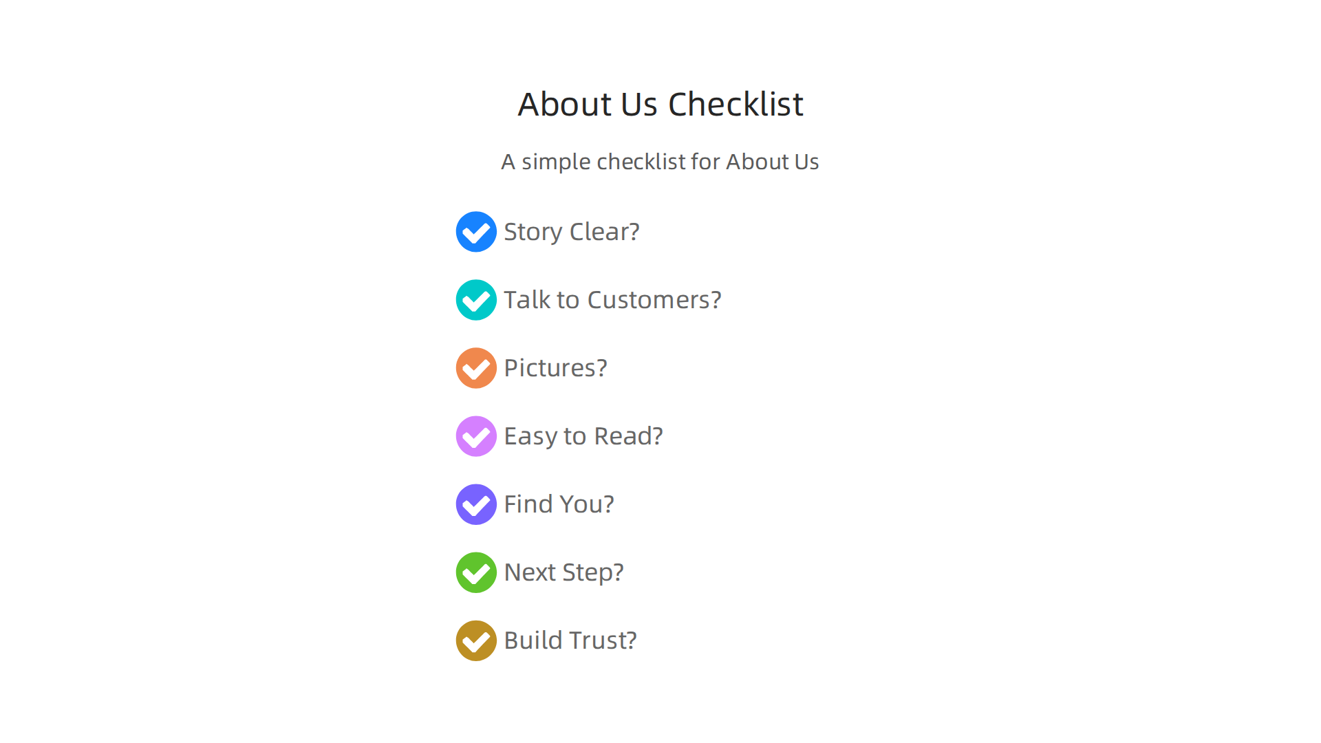 A simple checklist for optimizing an "About Us" page to ensure clarity, engagement, and trust-building.