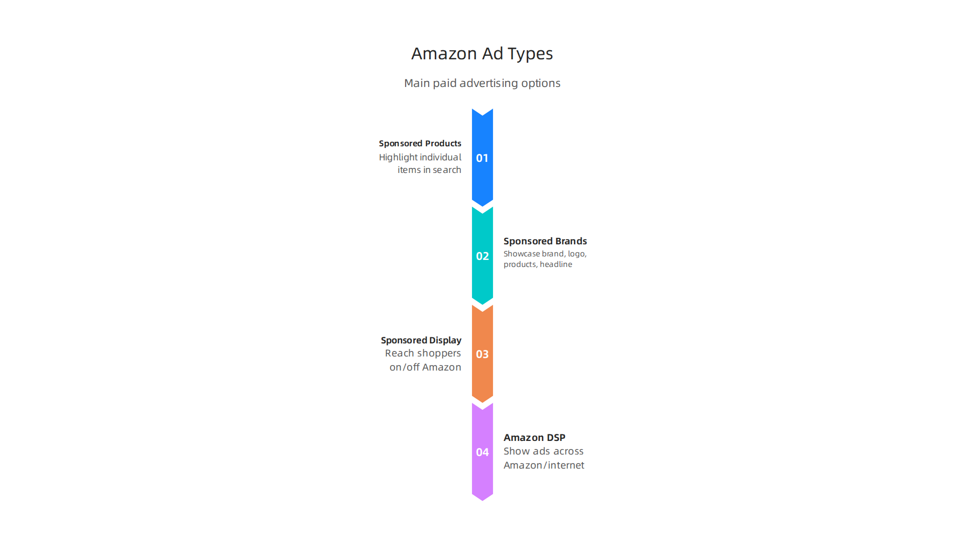 An overview of the main types of paid advertising options available on Amazon for businesses.