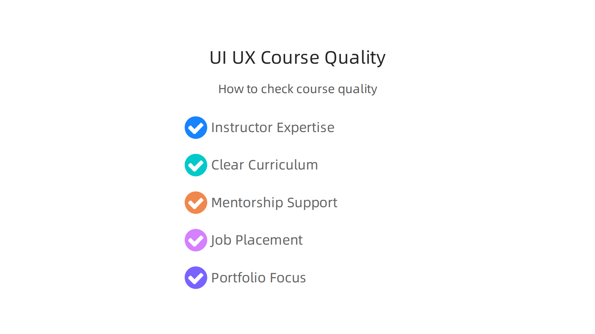 An infographic outlining essential criteria for evaluating the quality and effectiveness of UI/UX design courses.
