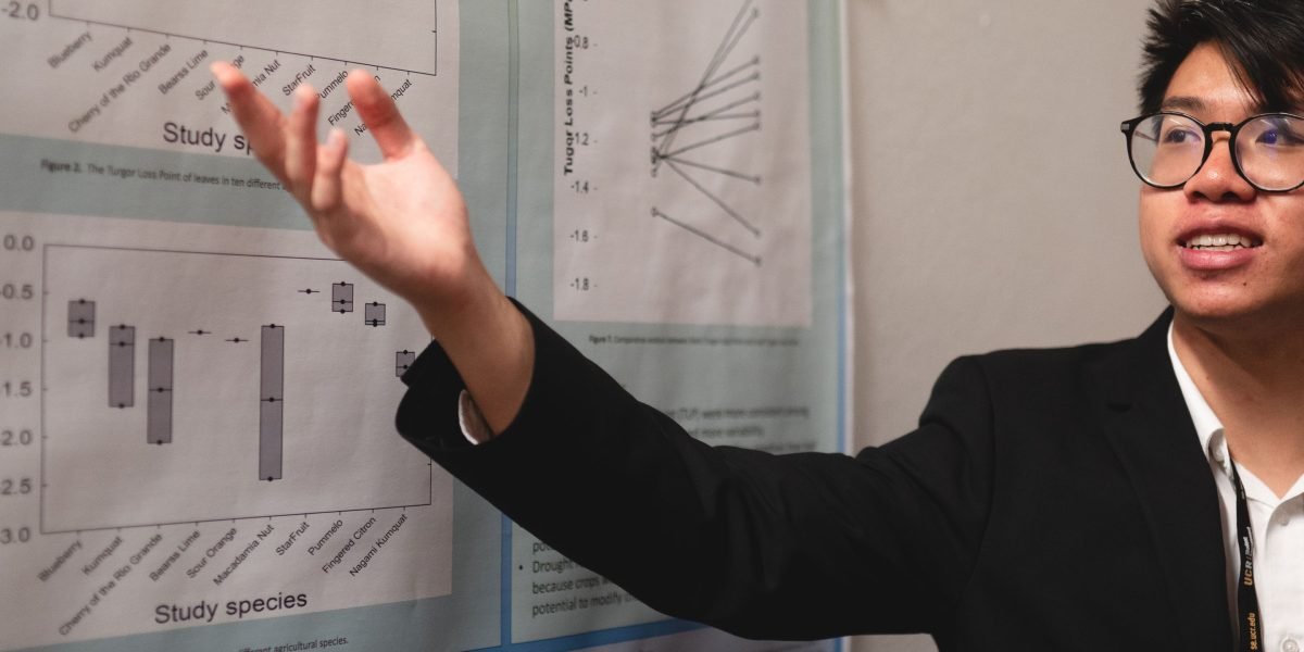 A designer confidently presenting user research findings and design solutions to a client team, showcasing expertise and problem-solving.