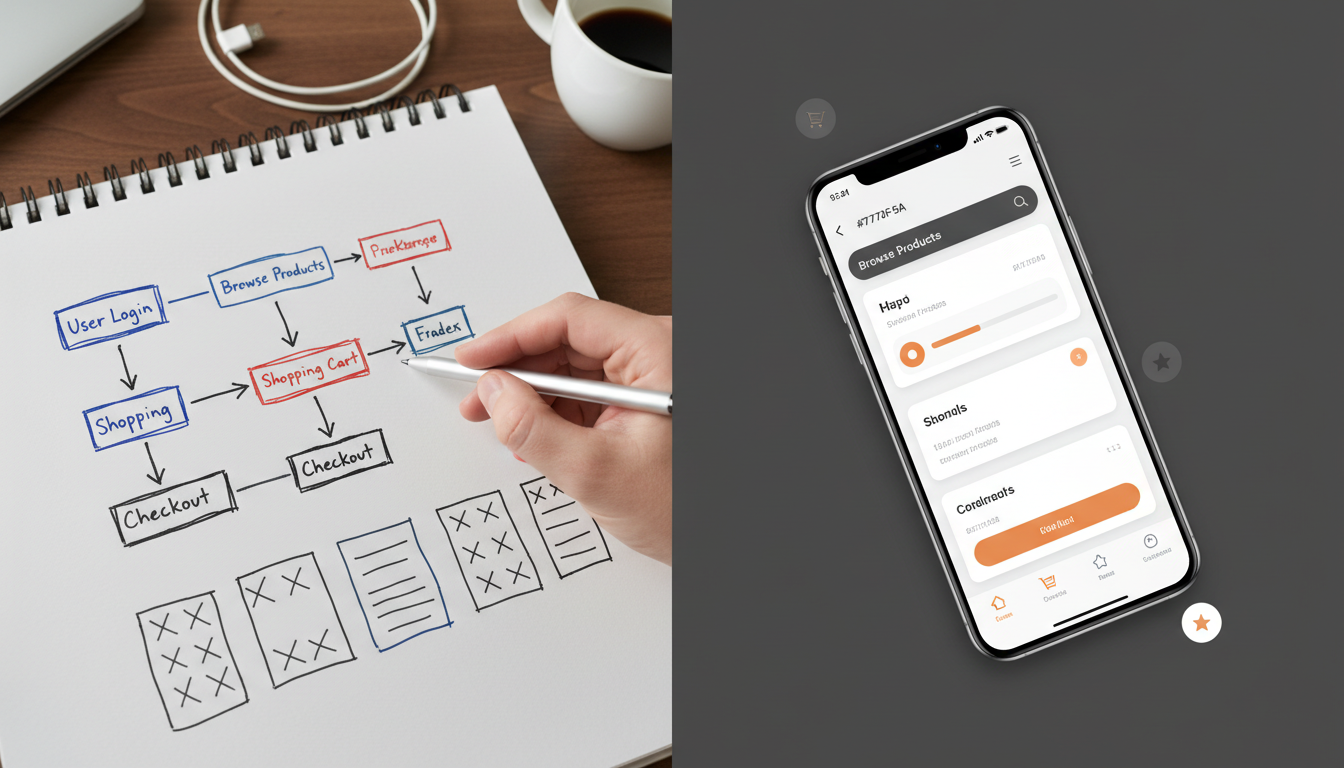 Modern mobile app design process transitioning from UX sketches to UI screens for weblish.io.