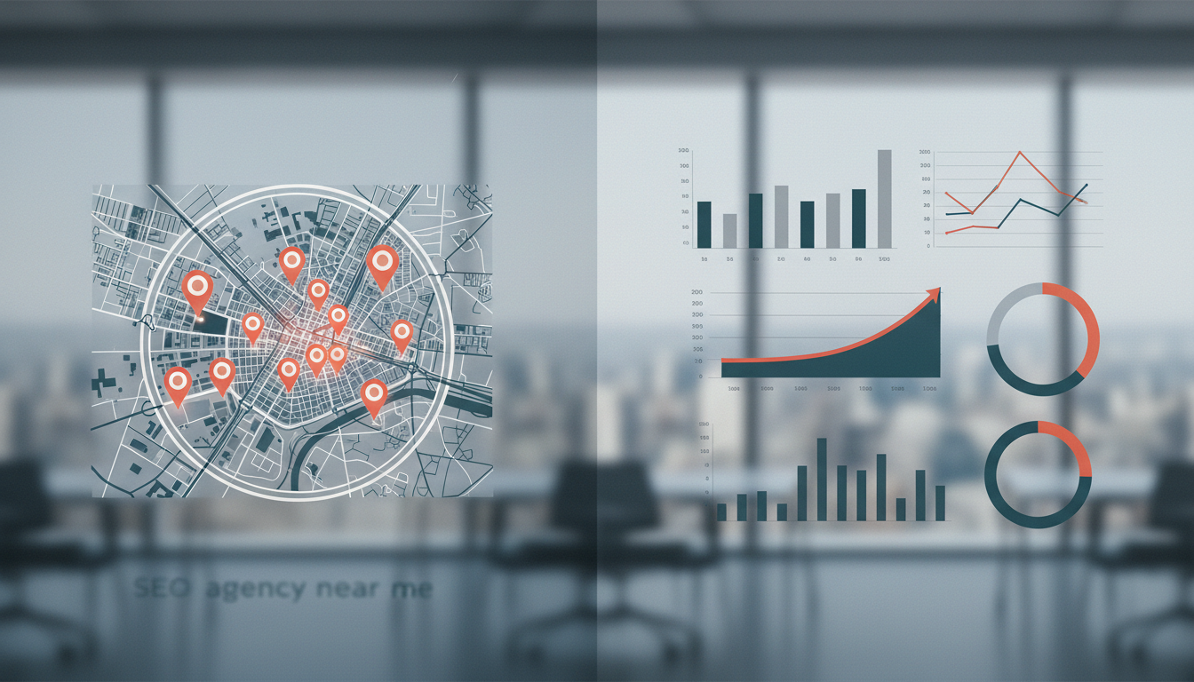 weblish.io dashboard shows local map pins and analytics for nearby SEO agencies.
