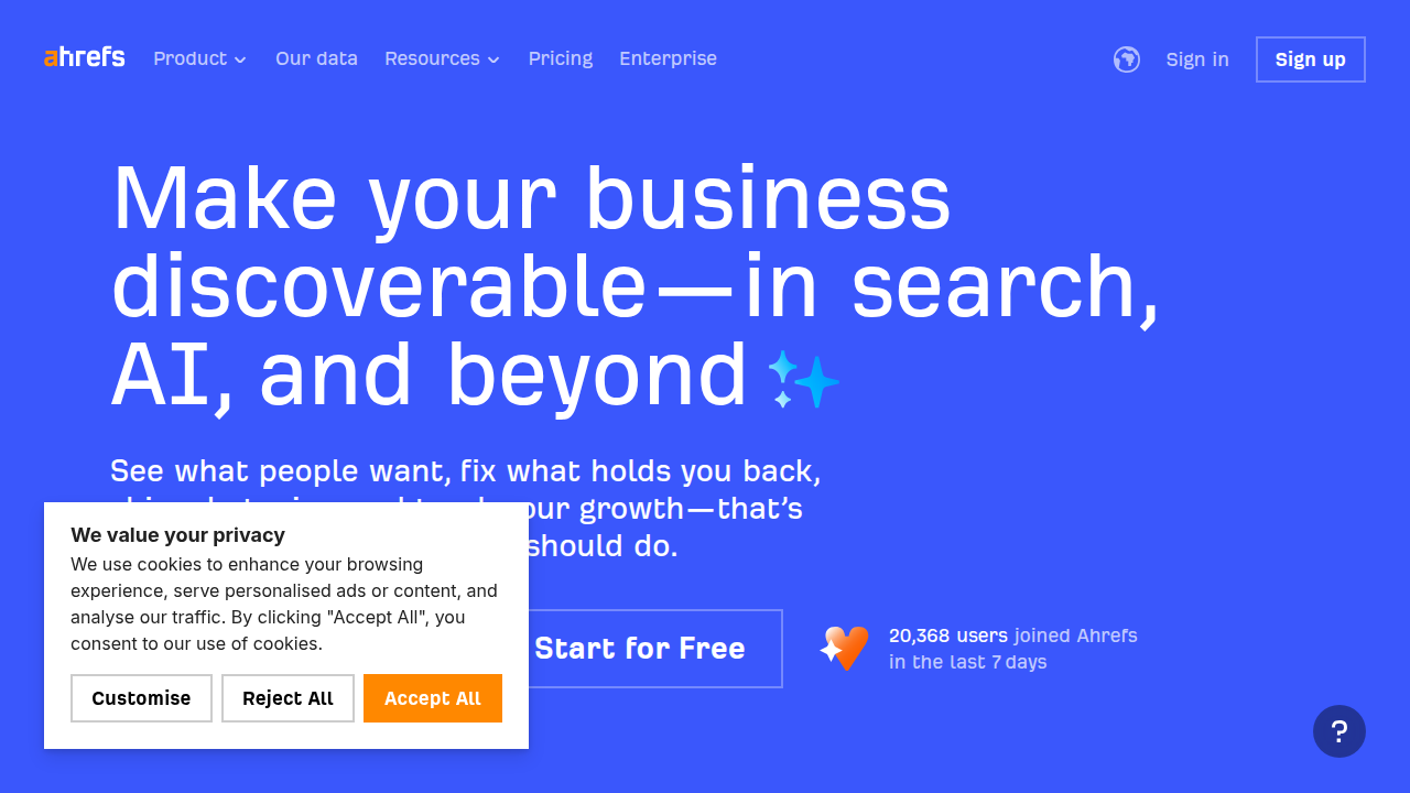 Weblish Glimpse: Ahrefs Homepage for Industry-Leading Backlink Analysis