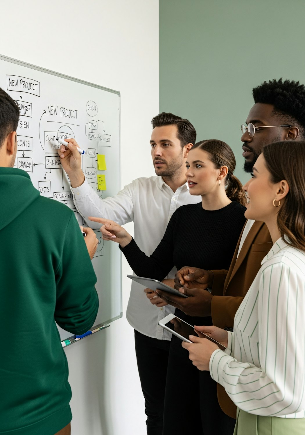 A diverse team of UX designers, developers, and product managers actively collaborates on a design solution using a whiteboard.
