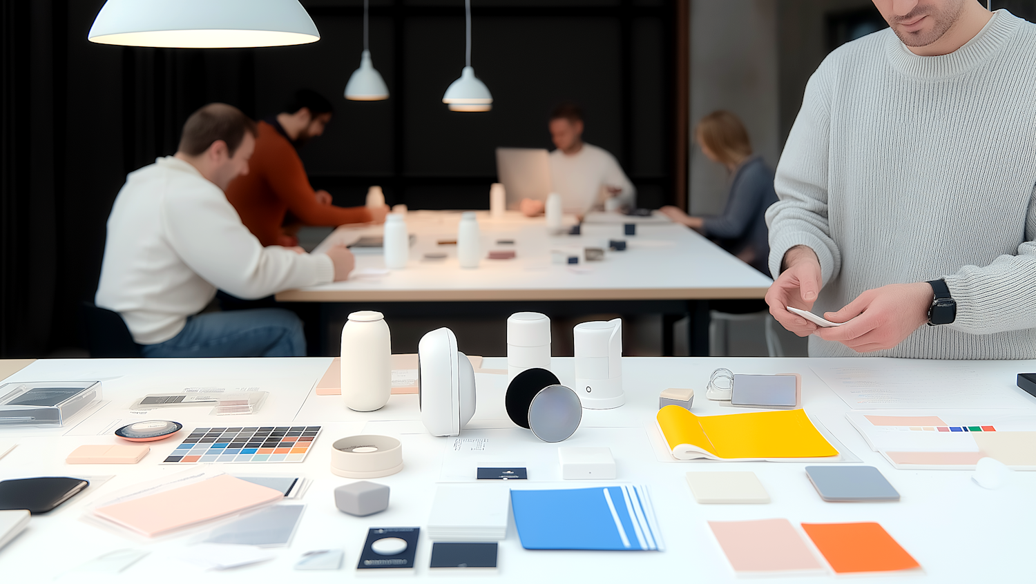 A diverse team of professionals collaborating around a computer, discussing design concepts and user experience for a website project.