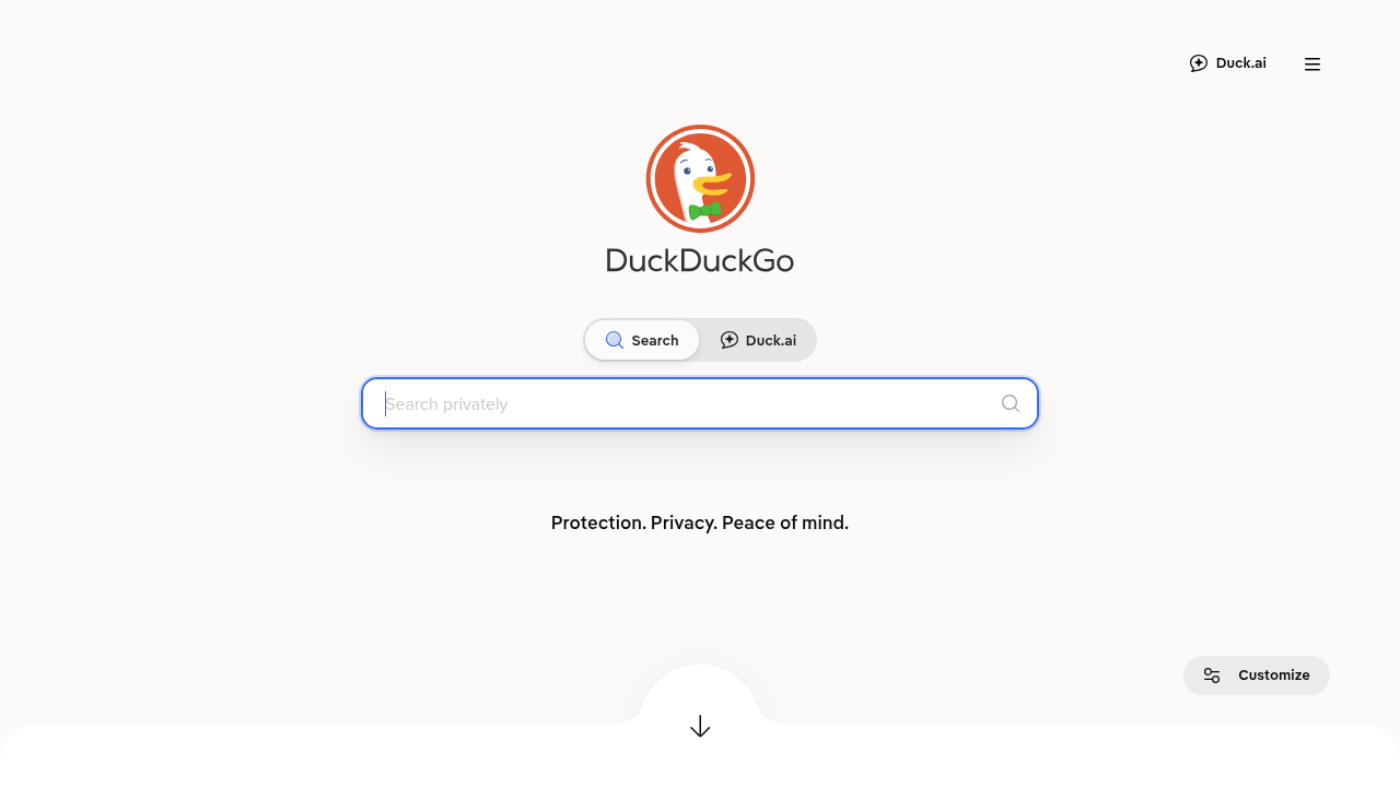 A screenshot of the DuckDuckGo search engine homepage, an example of an external private search tool mentioned in the article.
