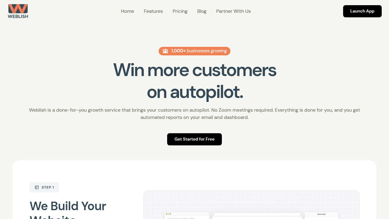 The homepage of Weblish, a service offering comprehensive digital marketing solutions for businesses, including social media management.