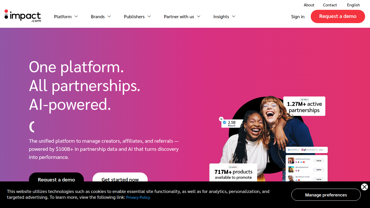 Screenshot of the Impact.com platform, showcasing a leading partnership management solution for setting up tiered commission structures and managing affiliates.